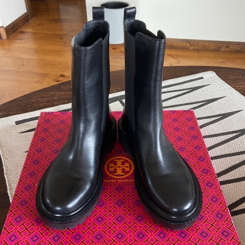 TORY BURCH REVOLVE Black Mid-Calf Leather Boots - Picture 2 of 15